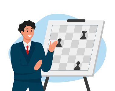 İş stratejisi çizimi. Yapboz oluşturan karakterler, satranç figürlerini hareket ettiren, finansal büyümeyi gösteren. Strateji, planlama ve başarı konsepti. Vektör illüstrasyonu.