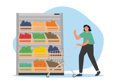 Market sebzeleri illüstrasyonu. Çevrimiçi taze organik sebze alıp alışveriş sepeti ve sebze kutusu teslimatı yapan bir karakter. Yerel üretim destek konsepti. Vektör illüstrasyonu.