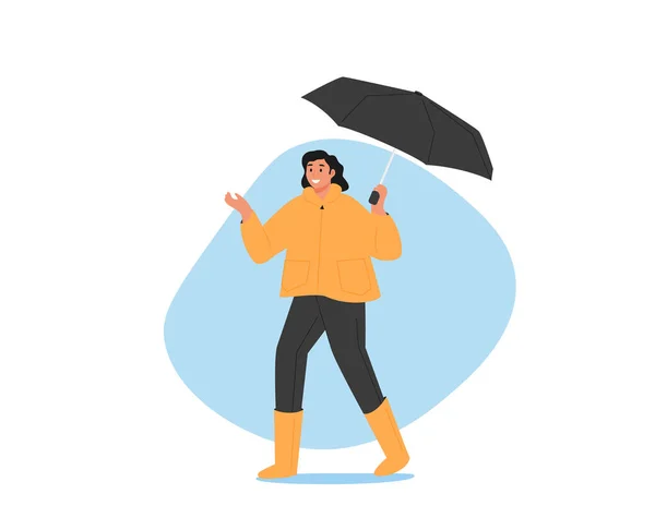 秋天的时候 快乐的女孩在伞下散步 穿着保暖的衣服和橡胶靴 在雨天走路 微笑着女性形象 卡通人物矢量图解 — 图库矢量图片