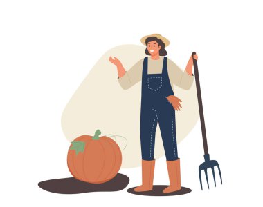 Yerel organik üretim. Tarım işçisi bitkiler ve hasatlar, çiftçi kız. Kız balkabağı topluyor. Düz vektör illüstrasyonu.