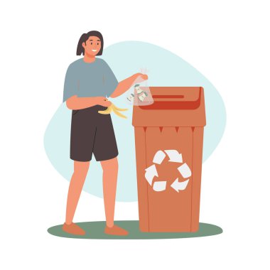 Kız çöp kutusuna muz kabuğu attı. Organik atık geri dönüşümü, gübre, atık ayırma, çöp ayıklama, ekoloji, konsept. Beyaz arka plan. Vektör illüstrasyonu, düz biçim.