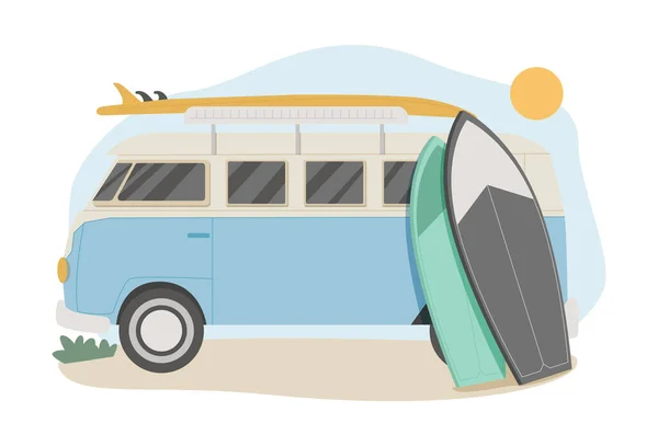 Verano Surf Colorido Cartel Vintage Coche Con Tablas Surf Playa — Vector de stock