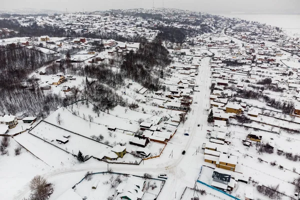 Aerial View Fenced Areas Houses Snow Covered Village Winter Day — Stock Photo, Image