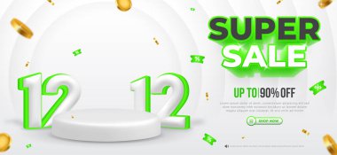 1212 indirimli satış 3D yatay pankart vektör şablonu, sıçrayan altın paralar, soyut arkaplan