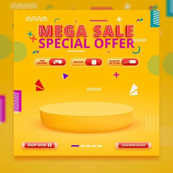 Mega Πώληση Διαφημιστικό Banner Πρότυπο Βάθρο Και Αφηρημένη Κίτρινο Φόντο — Διανυσματικό Αρχείο