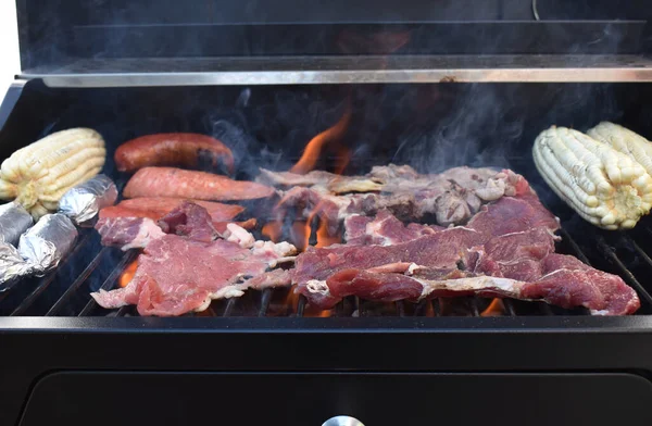 Μαγειρεύοντας λίγο ψητό κρέας στη σχάρα στην πίσω αυλή του σπιτιού — Φωτογραφία Αρχείου