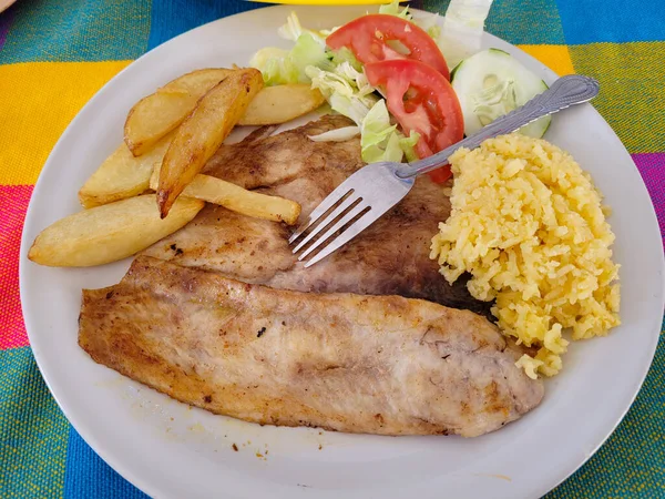 Plato con filete de pescado a la parrilla, servido con arroz, ensalada y papas fritas — Foto de Stock