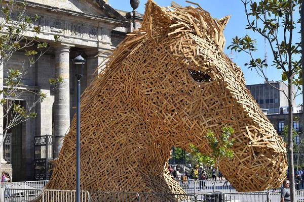 Escultura de una cabeza de caballo hecha con palos de madera en el centro de Guadalajara —  Fotos de Stock