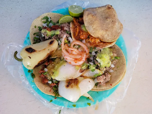 Aerial View Plate Tacos Accompanied Onion Chili Mexico — Foto de Stock