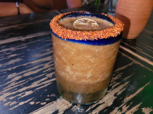 Frosty Glass Tamarind Mezcal Margarita Wooden Table Drink — 스톡 사진