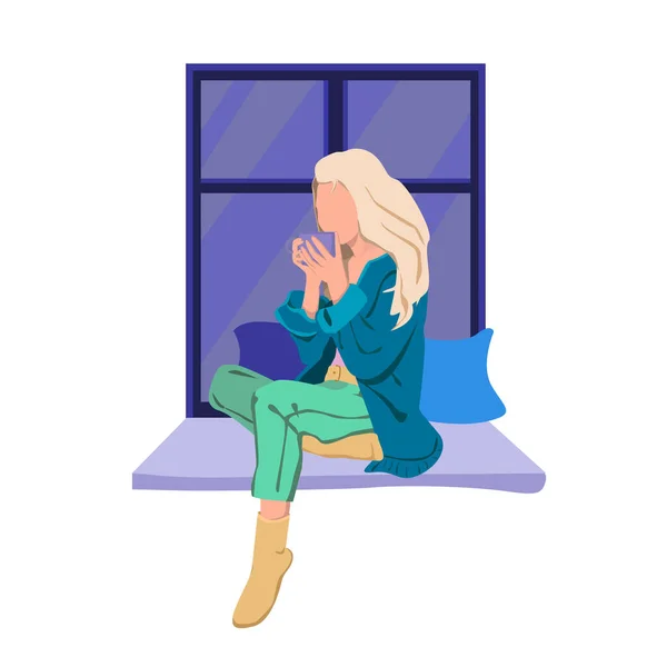 Depoda genç bir kız bir fincan çay ya da kahve ile pencerenin yanında oturuyor. Sade bir ortamda genç bir kız. Kot pantolonlu bir kadın ve rahat bir kazak. Rahat çoraplı bir kız. romantizm, yıldızlar, yastıklar, pencereler