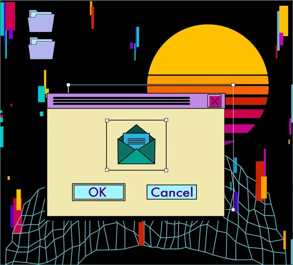 Mesaj kutuları ve kullanıcı arayüzü elementleri içeren Retro Vaporwave masaüstü. Web pankart şablonu retro 90 'lar tarzında. UI ve UX 'in vektör çizimi. Basit illüstrasyon 90 'lar ilham verici arkaplan şablonu