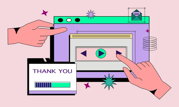 Programlı ve uygulamalı bilgisayar ekranı. Eller internet sitesinde ya da web sayfasında çalışıyor. UI ve UX tasarım ve programlamasının kavramsal düz vektör çizimi. Geri dalga tasarım ögesi