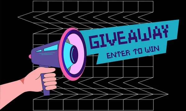 hand holdhand holding megaphone with giveaway messages. Speaker. Important message, pay attention to the banner. Poster for business, marketing and advertising. giveaway announcement.