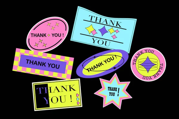 Thank You Cool trendy retro stickers.Thanks lettering illustration vector design. Funky, hipster retrowave stickers in geometric shapes. Retro stickers vector Design.