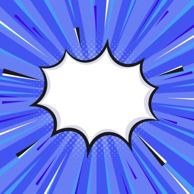 Boş konuşma balonu. Düz mavi mizah tarzı zoom çizgileri ve yarım tonlu. Kare Yönlendirme.