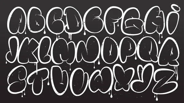 Алфавіт графіті. Контур бульбашкових графіті-літер. Білі літери з ефектом текстури, крапель і ефектом розпилення на темному тлі. Шрифт графіті . — стоковий вектор