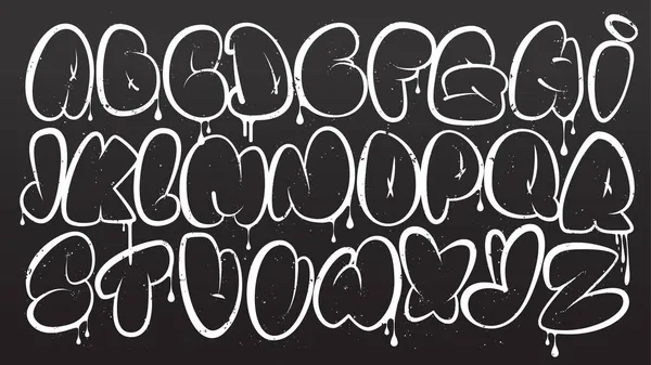 Graffiti-alfabetet. Bubbel graffiti bokstäver skissera. Vita versaler med textureffekt, droppar och sprayeffekt på mörk bakgrund. Graffititypsnitt. Royaltyfria illustrationer