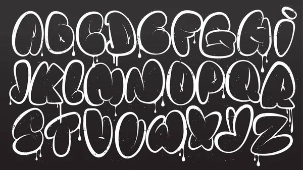 Alfabeto de graffiti. Esquema de letras de graffiti de burbujas. Letras blancas mayúsculas con efecto textura, goteos y efecto spray sobre fondo oscuro. Graffiti fuente. Vector De Stock