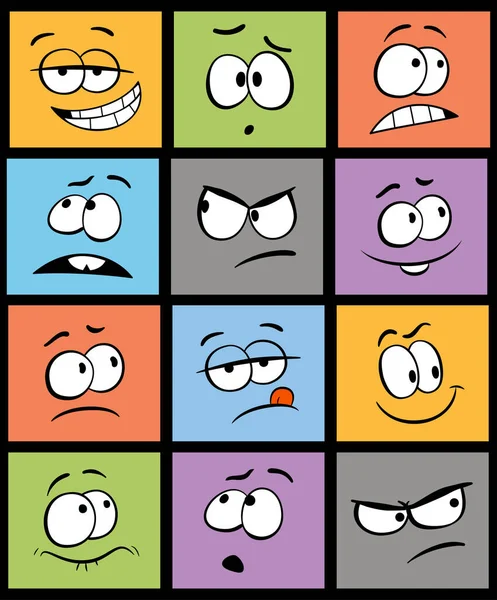 Sada kreslených výrazů ve tváři. Sada dvanácti komických výrazů. Vtipné výrazné tváře s různými emocemi: radost, strach, úžas a zvědavost v kresleném stylu. Karikaturní tváře. Izolované — Stockový vektor