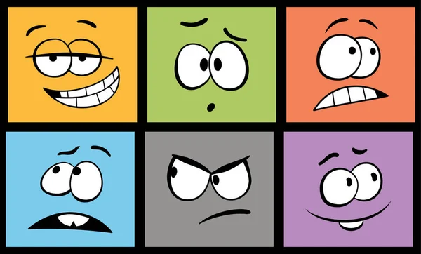 Rajzfilmfigurák sorozata. Vicces rajzfilmszerű arcok különböző érzelmekkel: öröm, félelem, ámulat és kíváncsiság. Különböző karikatúrájú érzelmek. Izolált ikonok készlete. — Stock Vector