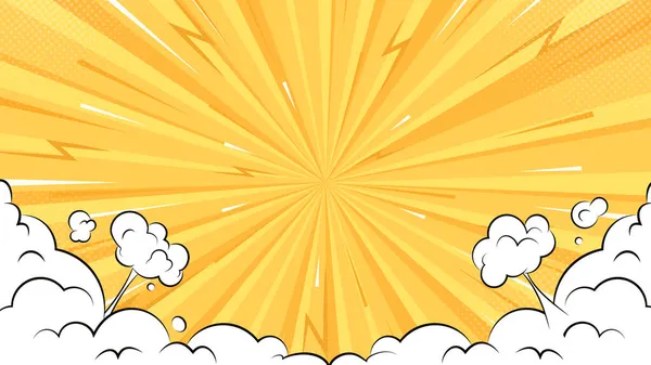 Sunburst background and cartoon puff clouds in comic style. Flat yellow background with sunbeams and explosion elements and motion trails . — Stock Vector