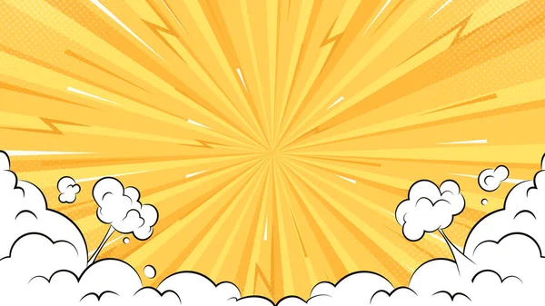 Sunburst fundo e nuvens puff desenhos animados em estilo cômico. Plano de fundo amarelo com raios de sol e elementos de explosão e trilhas de movimento . Vetores De Bancos De Imagens