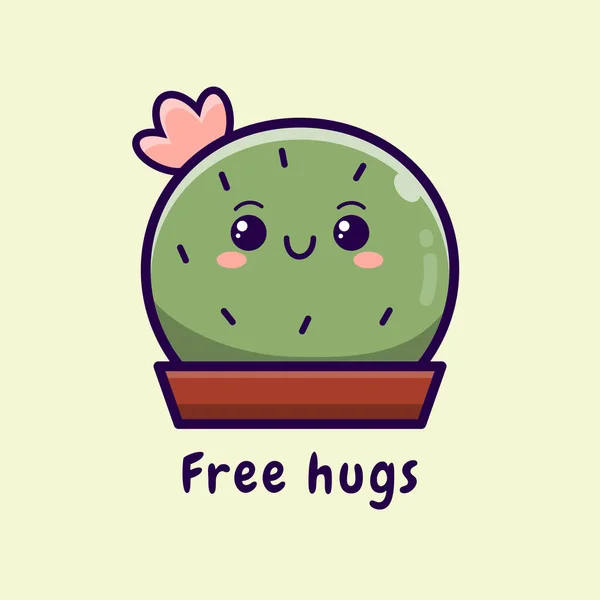 Kawaii cactus illustration. Happy plant cartoon illustration. Free hugs lettering. Gráficos Vetores