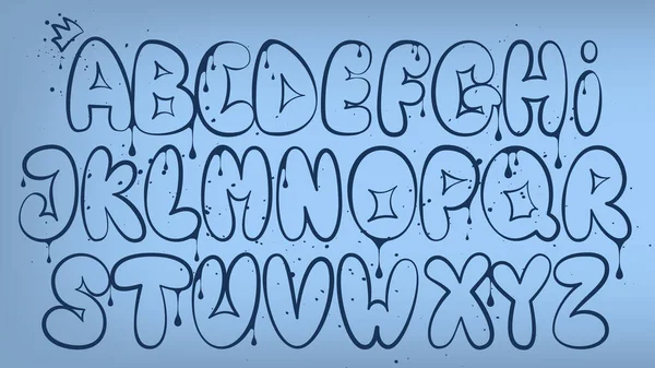 Alfabeto de graffiti. Esquema de letras de graffiti de burbujas. Letras mayúsculas con efecto spray y gotas sobre fondo oscuro. Graffiti fuente. Alfabeto en estilo graffiti legible. Ilustración De Stock