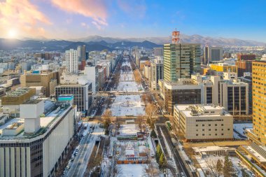 Japon Hokkaido şehrinin gökyüzü manzarası gün batımında Sapporo şehri