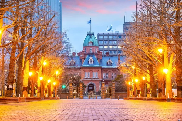 The historic Former Hokkaido Government Offices at twilight in Sapporo, Japan