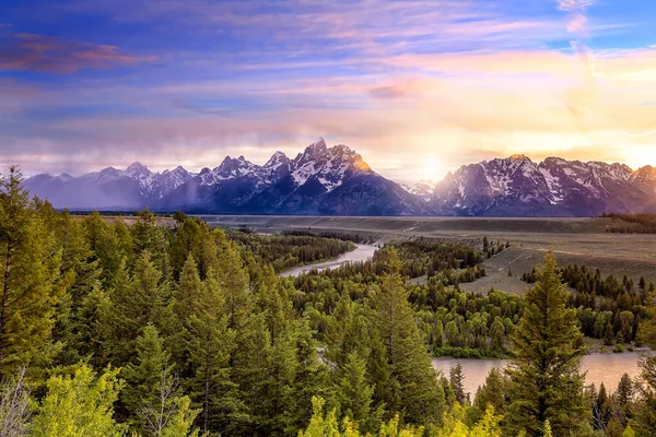 Snake River Overlook Grand Teton Ulusal Parkı Usa Gün Batımında — Stok fotoğraf