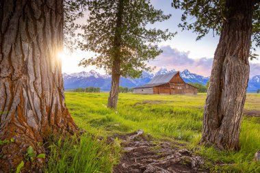 Mormon Row, Wyoming 'deki Grand Tetons manzaralı terk edilmiş ahır. Ulusal Tarihi yerler kaydında yer almaktadır..