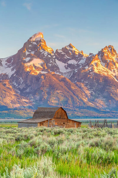 The abandoned barn in the Mormon Row, Wyoming with Grand Tetons view. It is on the National Registrer of Historic places.