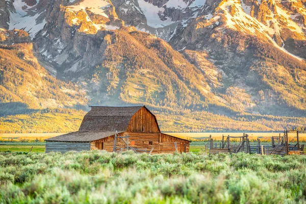 Fienile Abbandonato Nel Mormon Row Wyoming Con Vista Sui Grand — Foto Stock