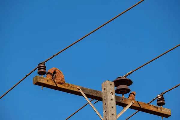 bird\'s nest made of clay on top of power pole.