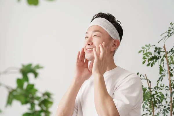 Asian Middle Man Massaging Face His Hands — ストック写真