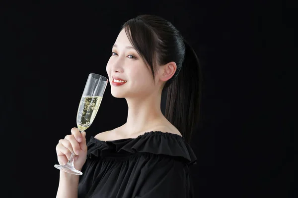 Young Woman Champagne Glass Black Background — Stock Photo, Image