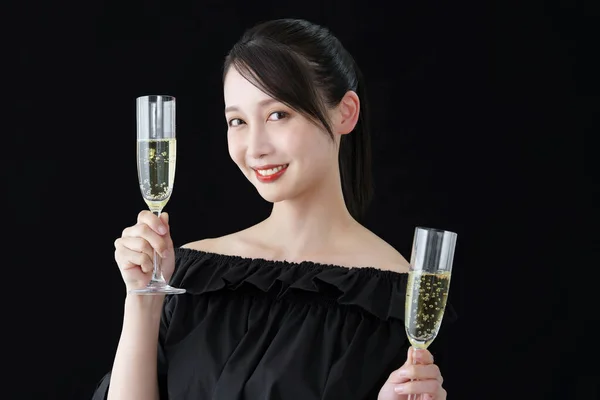 Young Woman Champagne Glass Black Background — Stock Photo, Image