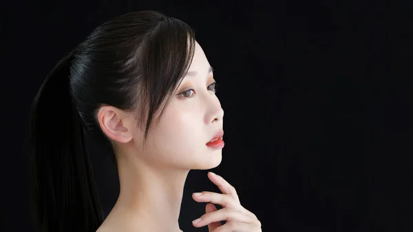 Young Woman Hand Her Face Black Background — 스톡 사진