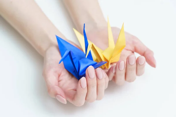 Una Mujer Sosteniendo Dos Grúas Papel Azul Amarillo — Foto de Stock