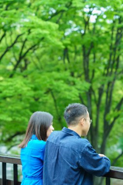 Back view of a young couple chatting in the fresh green