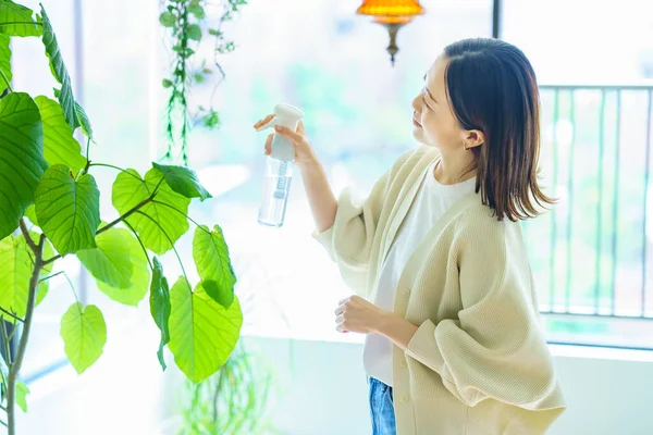 Woman Watering Houseplant Room — 图库照片