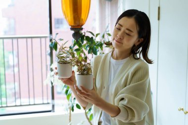 Pencere kenarında bir saksı ölü bitki tutan bir kadın.