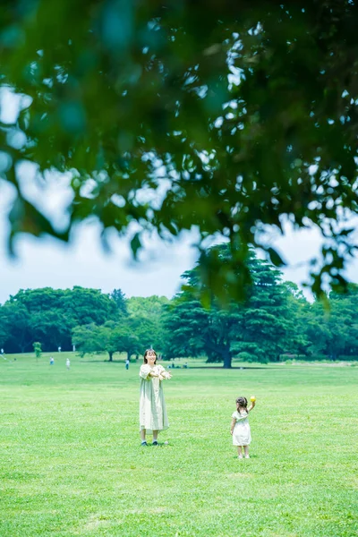 公園で遊んでいたアジア系の母親と娘は — ストック写真