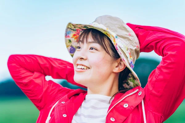 Young Woman Taking Deep Breath Meadow — Stock Photo, Image