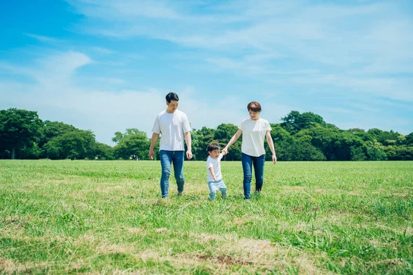 Rodiče Jejich Dítě Drží Ruce Chodí Slunném Zeleném Prostranství — Stock fotografie