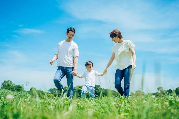 parents and their child holding hands and walking in a sunny green space on fine day