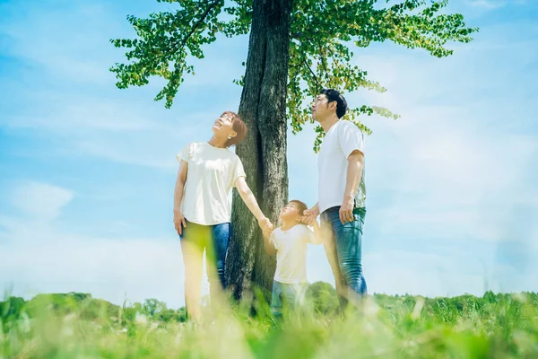 Rodiče Jejich Dítě Seřadili Pod Stromem Pěkného Dne — Stock fotografie