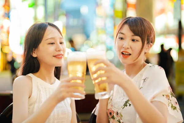 Two Women Glass Beer Night — 스톡 사진